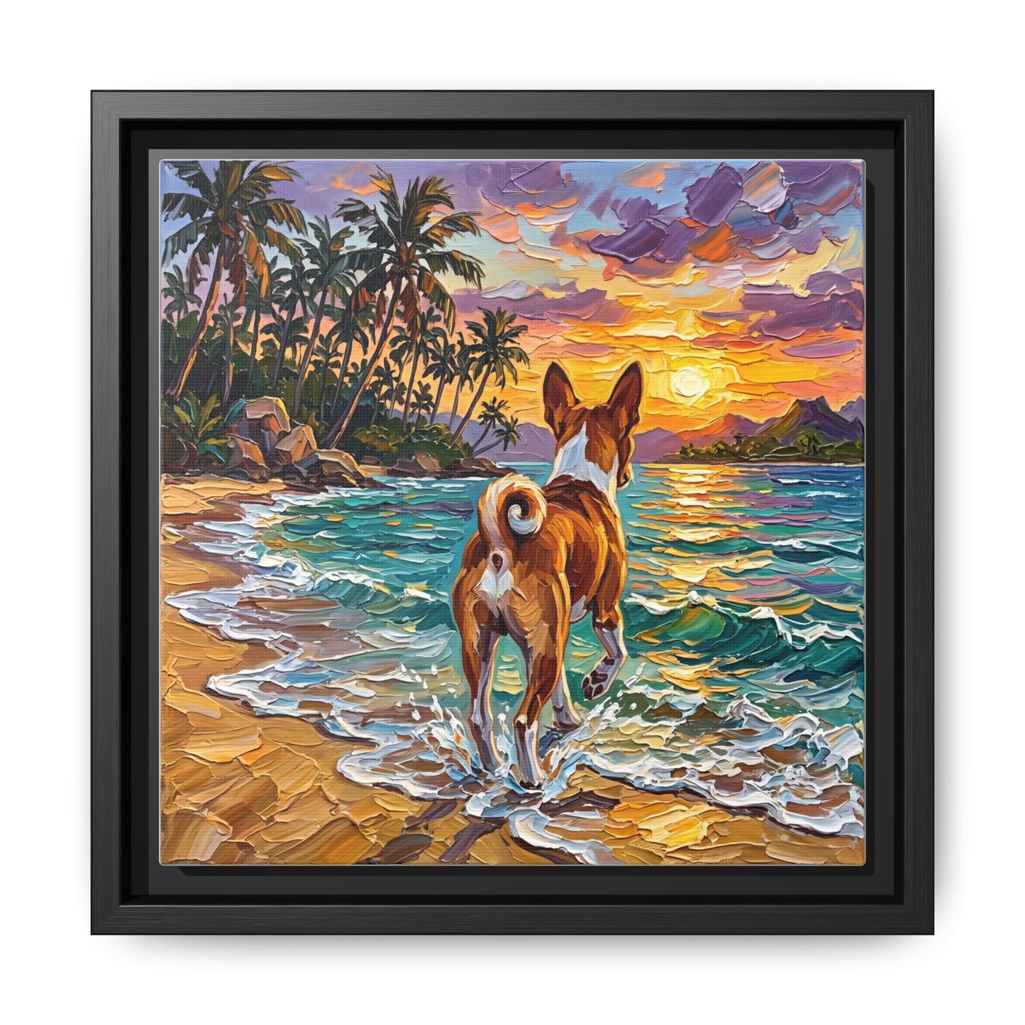 "Beach Day - Basenji" Framed Canvas Wall Art