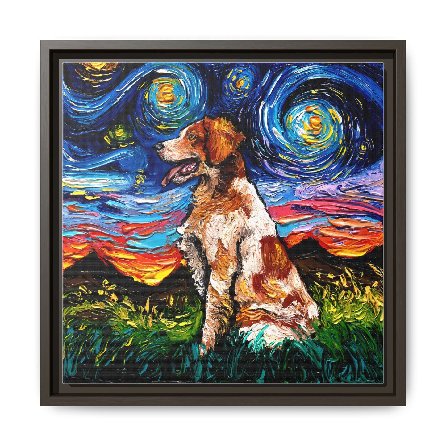 "Brittany Spaniel Night" Framed Canvas Wall Art
