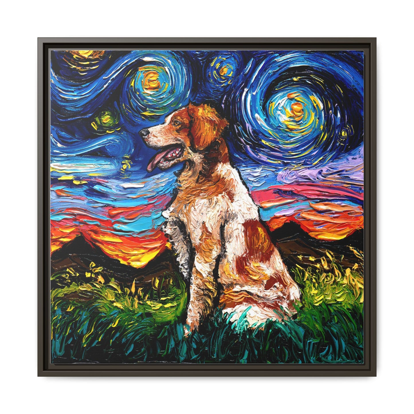 "Brittany Spaniel Night" Framed Canvas Wall Art