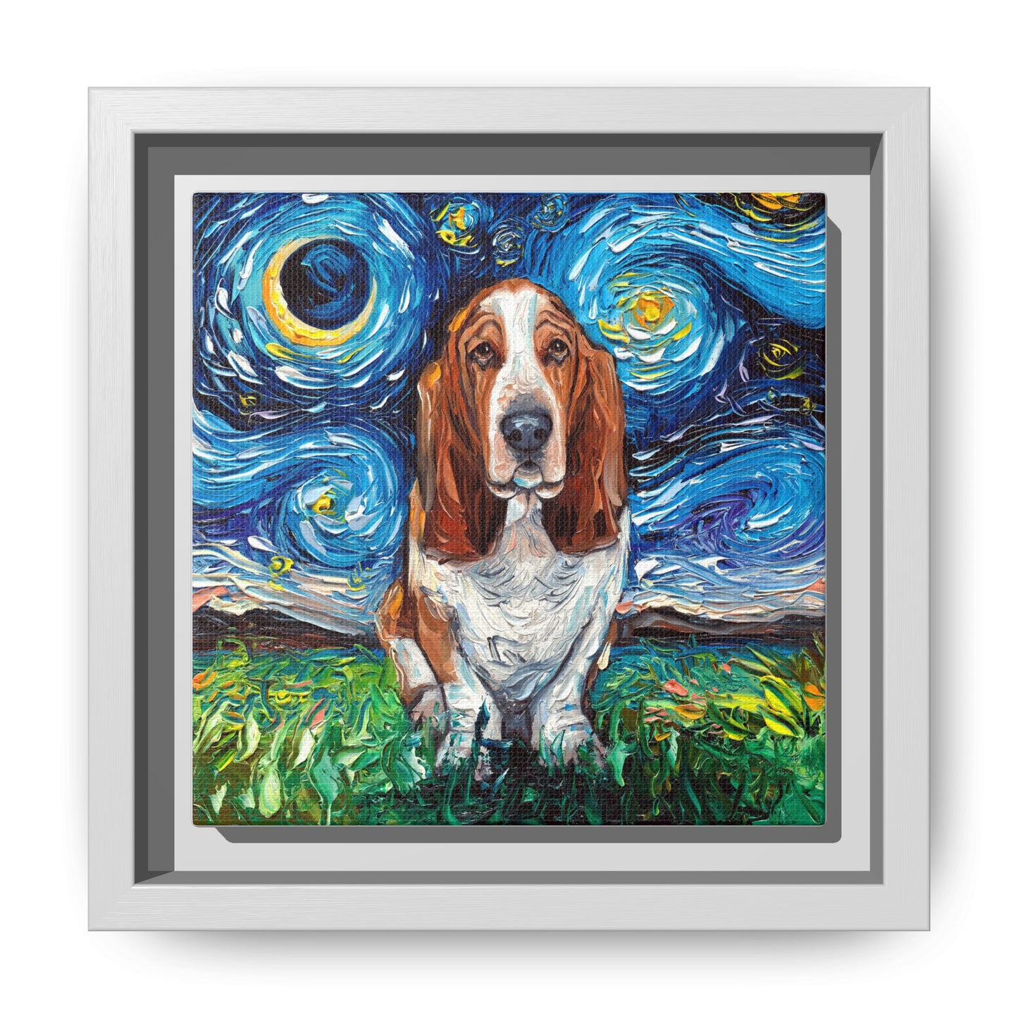 "Basset Hound Night" Framed Canvas Wall Art