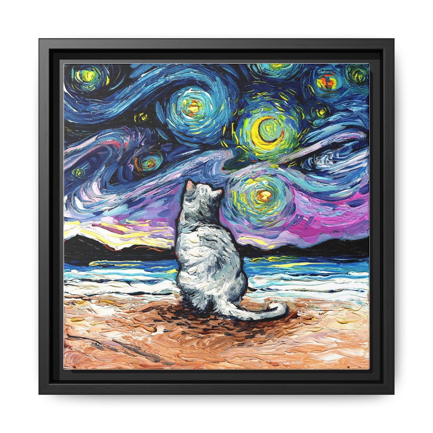 "White Cat Night 2" Framed Canvas Wall Art