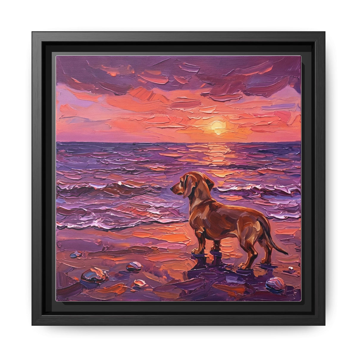 "Beach Day - Brown Dachshund" Framed Canvas Wall Art