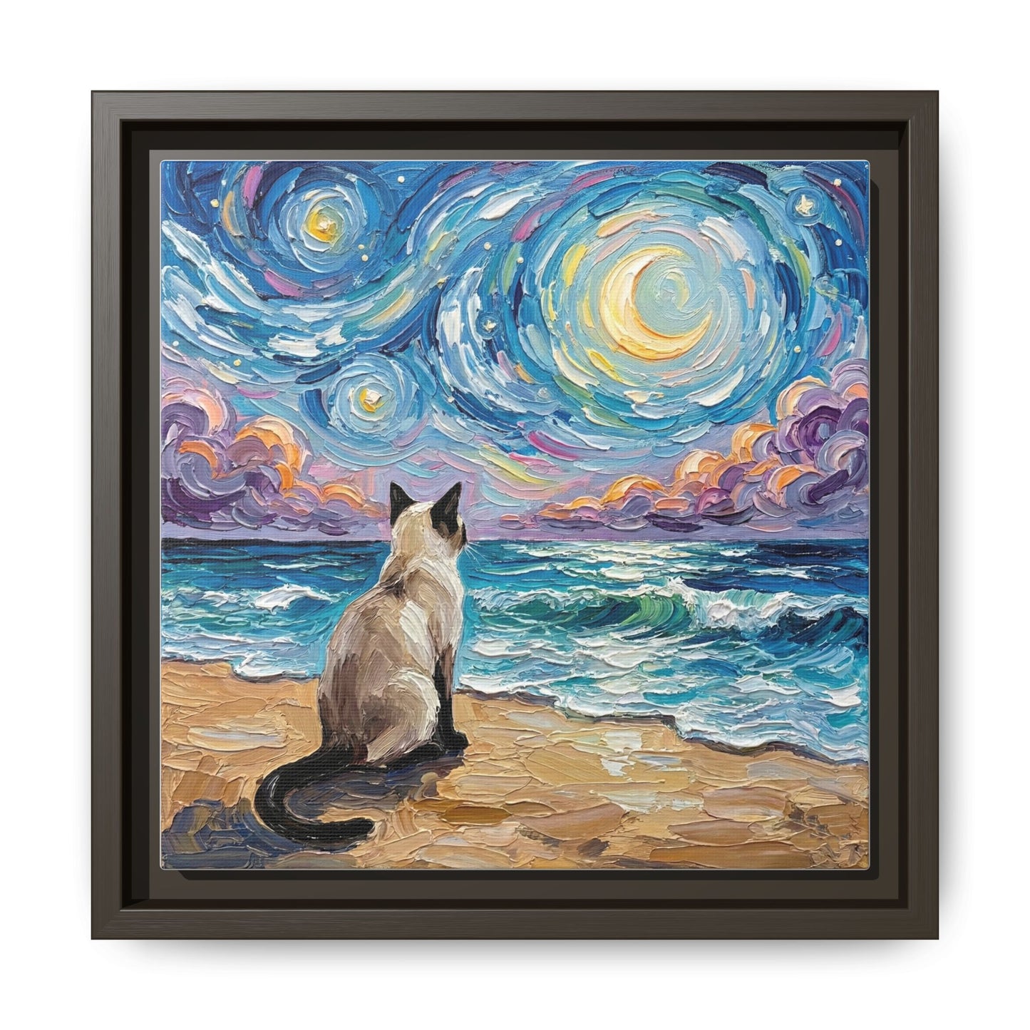 "Beach Night - Siamese Cat" Framed Canvas Wall Art