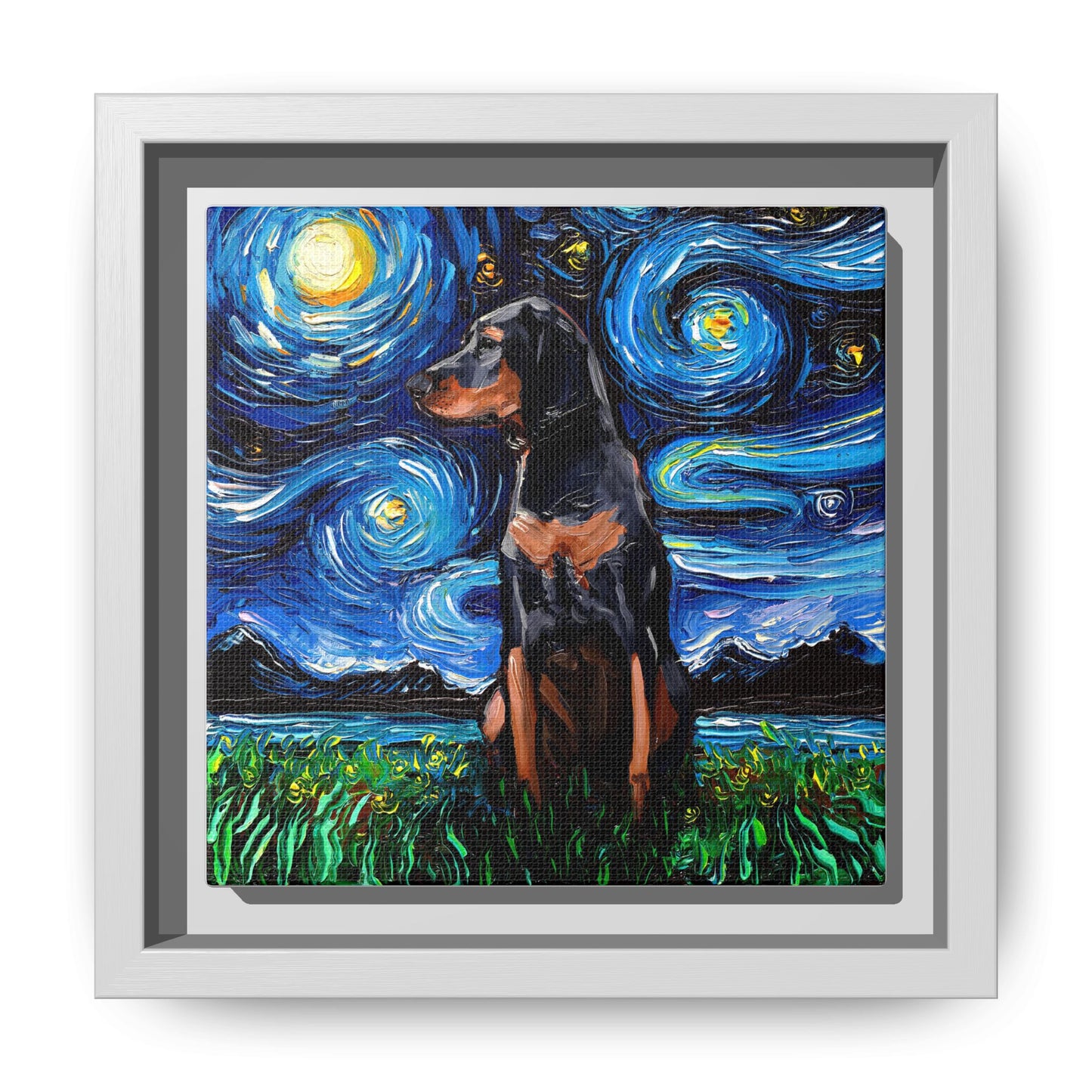 "Black and Tan Coonhound Night" Framed Canvas Wall Art