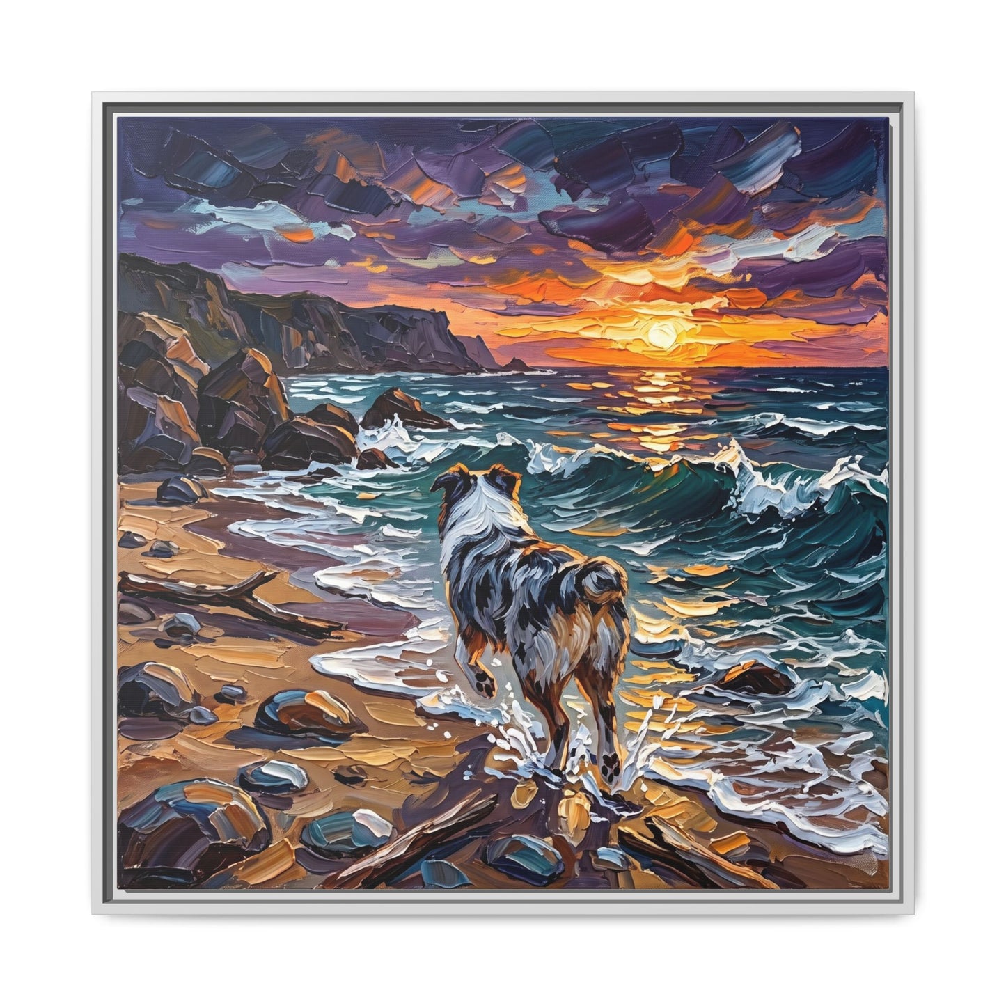 "Beach Day - Merle Aussie Shepherd" Framed Canvas Wall Art