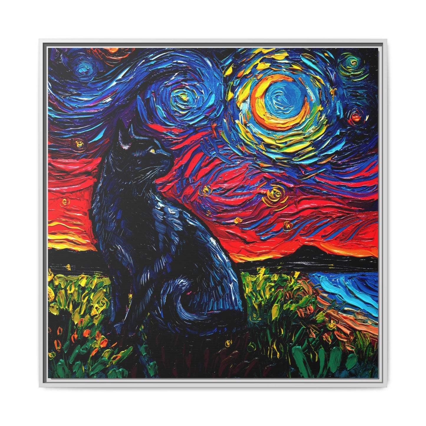 "Black Cat Night" Framed Canvas Wall Art