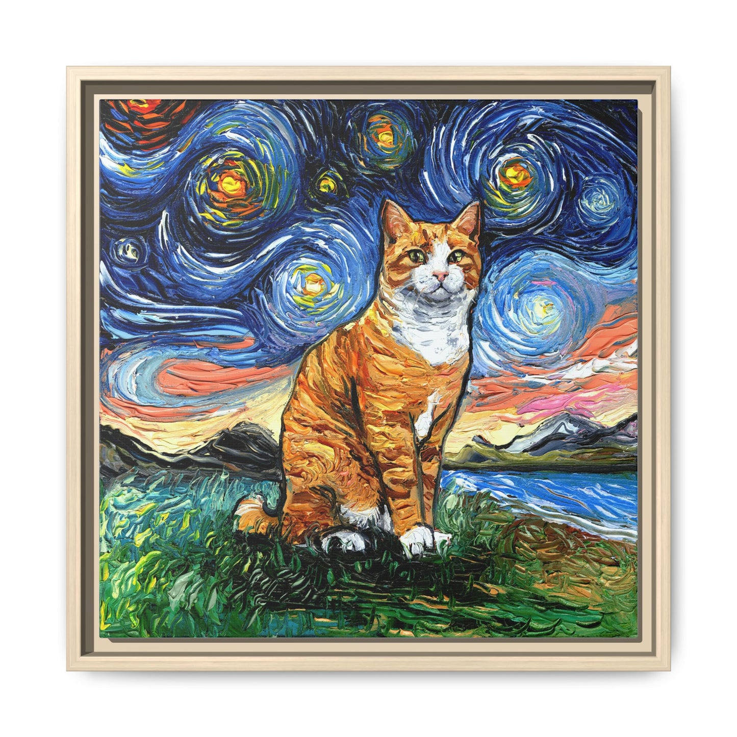 "Orange Tuxedo Tabby Night" Framed Canvas Wall Art