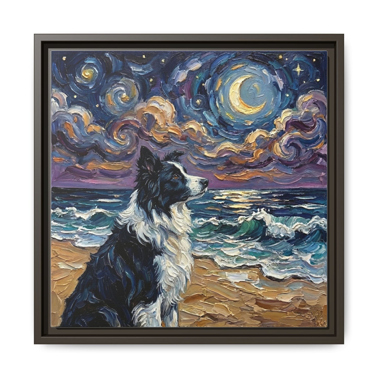 "Beach Night - Border Collie" Framed Canvas Wall Art