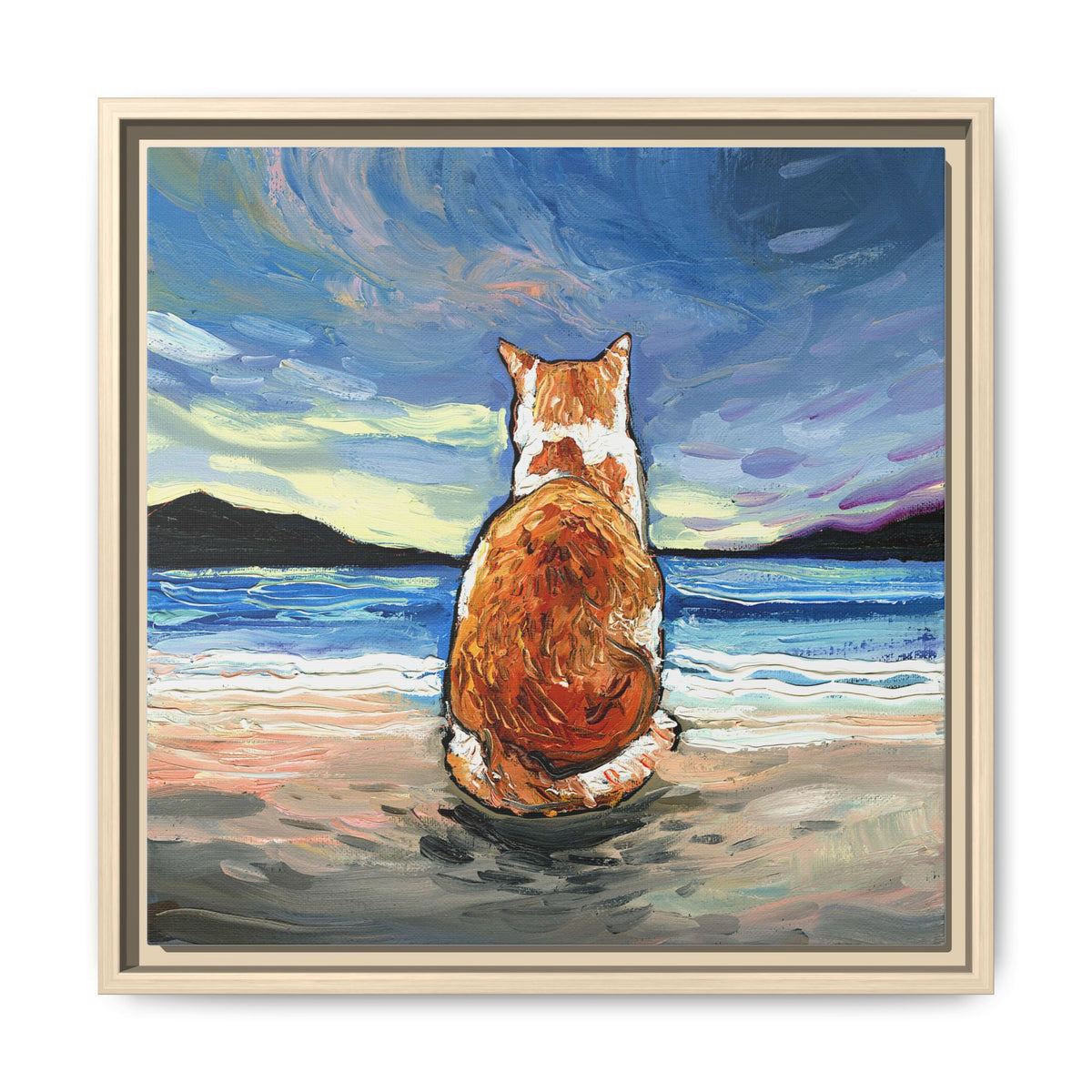 "Beach Day - Orange and White Tabby Cat" Framed Canvas Wall Art
