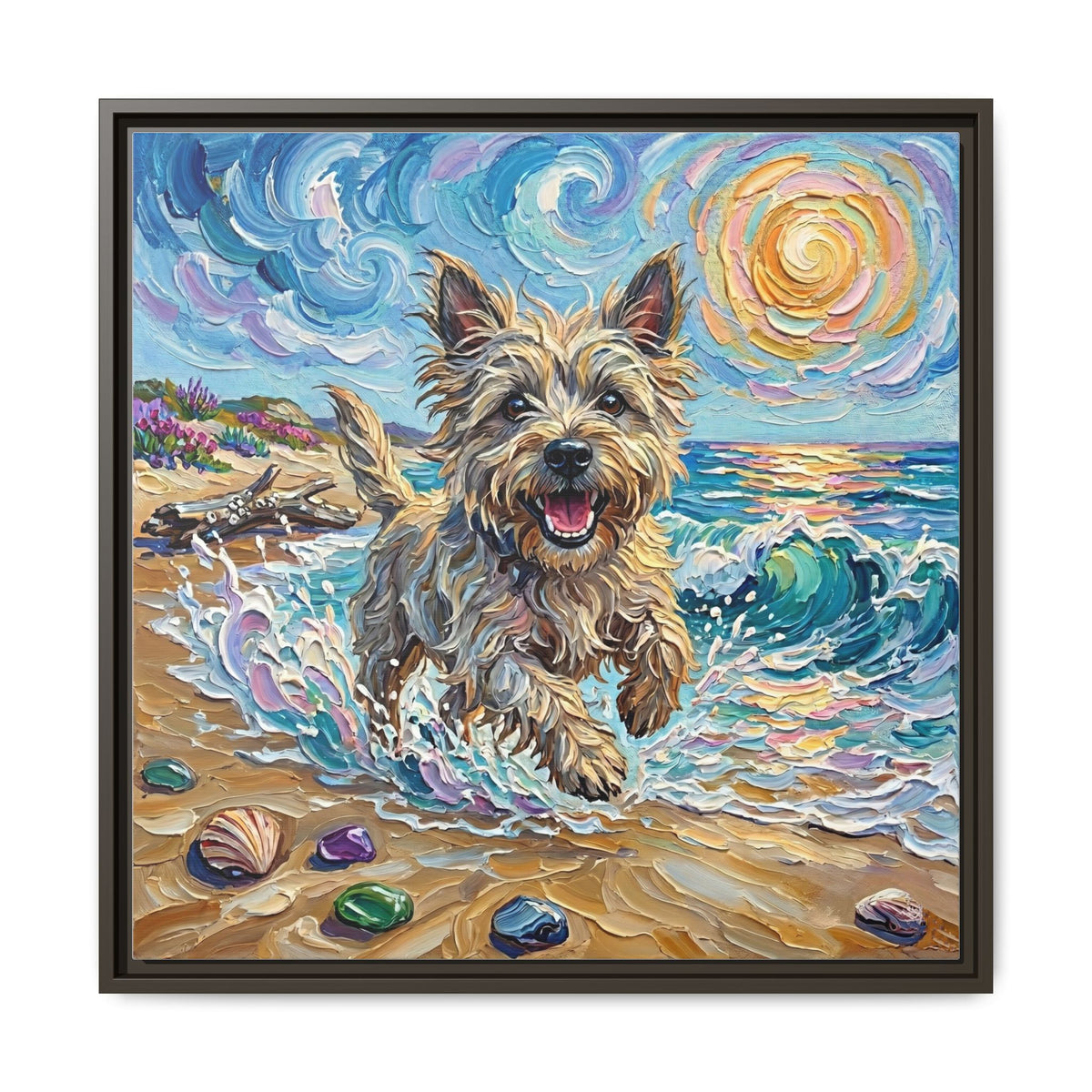 "Beach Days - Cairn Terrier" Framed Canvas Wall Art