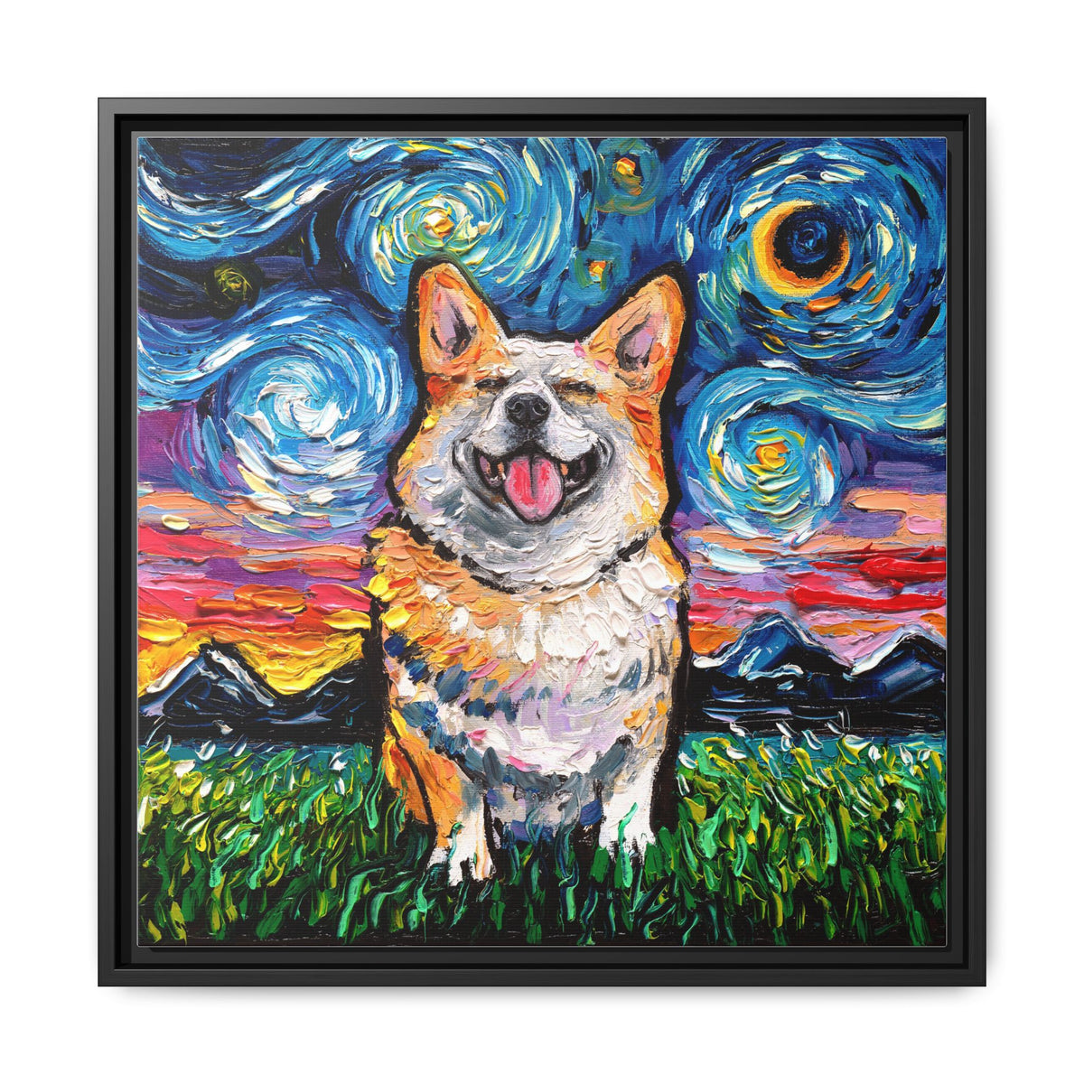 "Smiling Corgi Night" Framed Canvas Wall Art