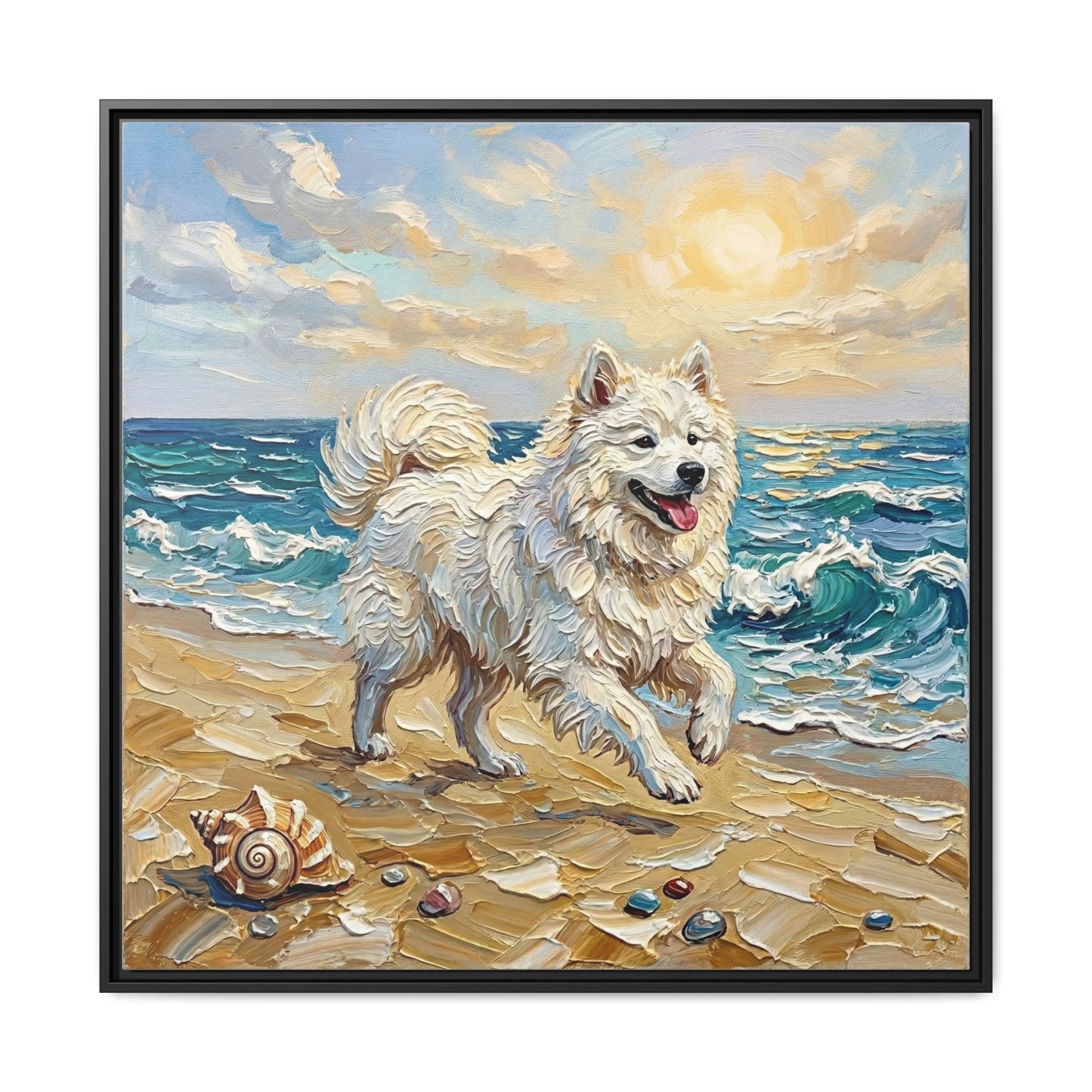 "Beach Day - Samoyed" Framed Canvas Wall Art