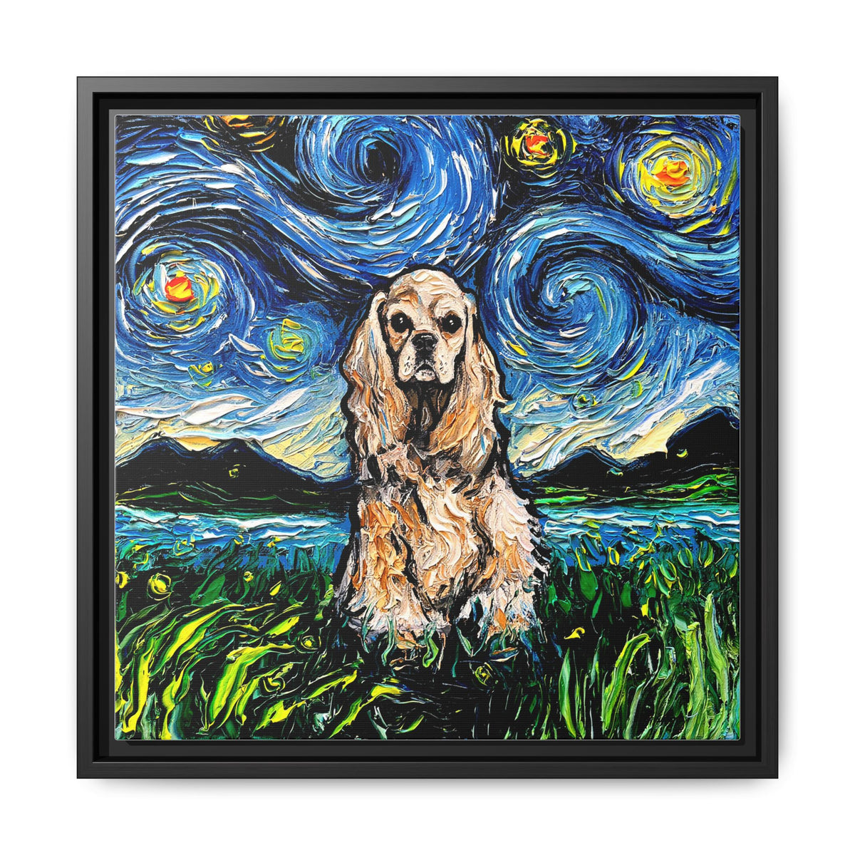 "Buff American Cocker Spaniel Night" Framed Canvas Wall Art