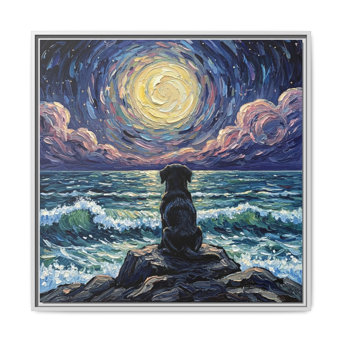 "Beach Night - Black Lab Puppy" Framed Canvas Wall Art
