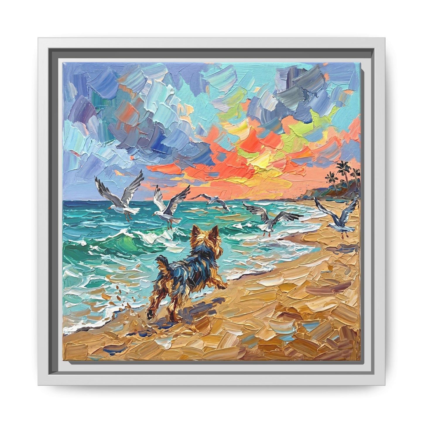 "Beach Day - Yorkie 2" Framed Canvas Wall Art