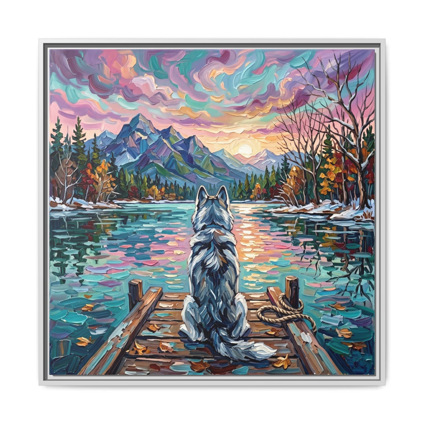 "On The Dock - Husky" Framed Canvas Wall Art