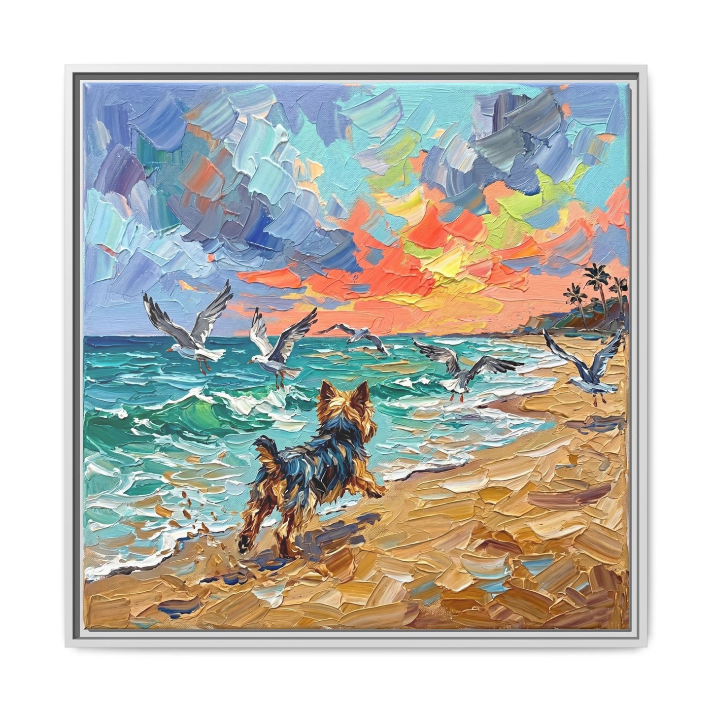 "Beach Day - Yorkie 2" Framed Canvas Wall Art