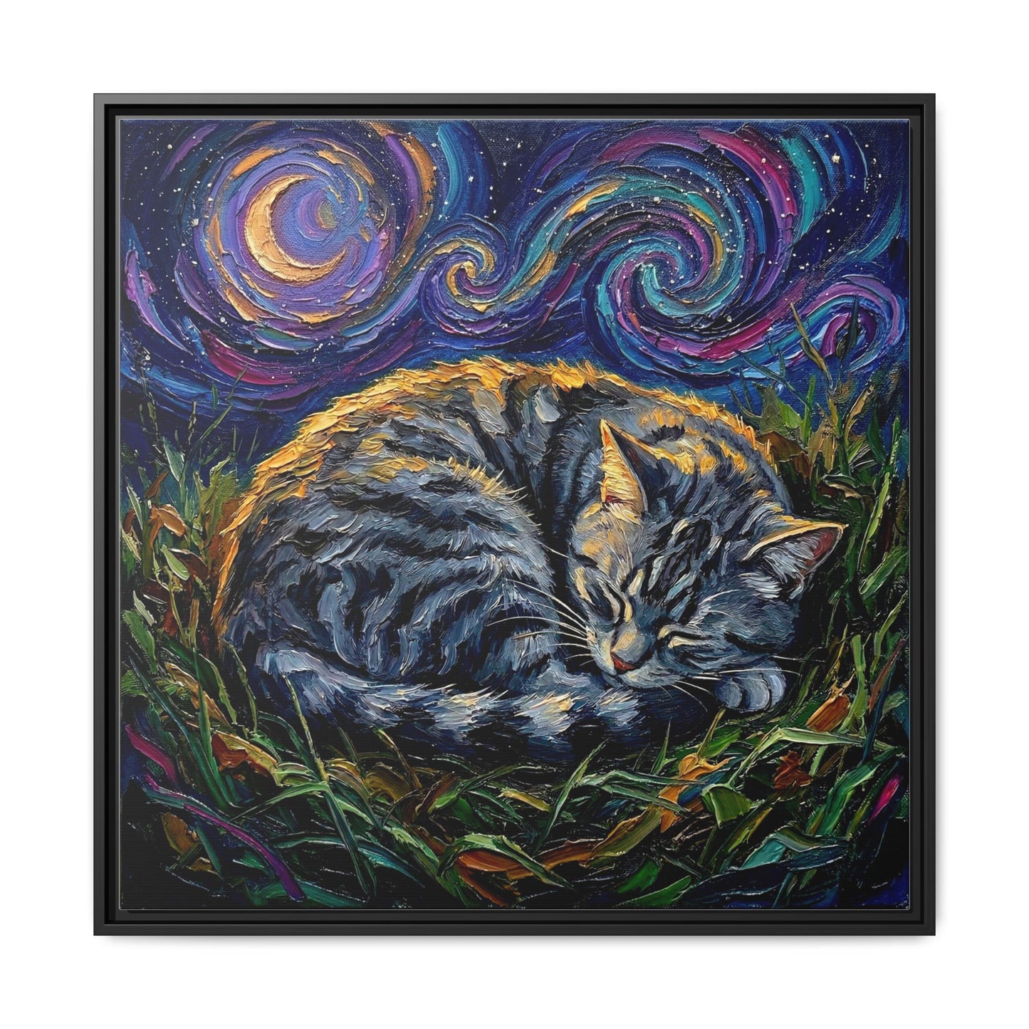 "Sleepy American Shorthair Tabby Night" Framed Canvas Wall Art
