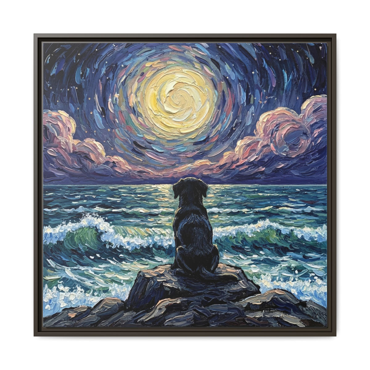 "Beach Night - Black Lab Puppy" Framed Canvas Wall Art