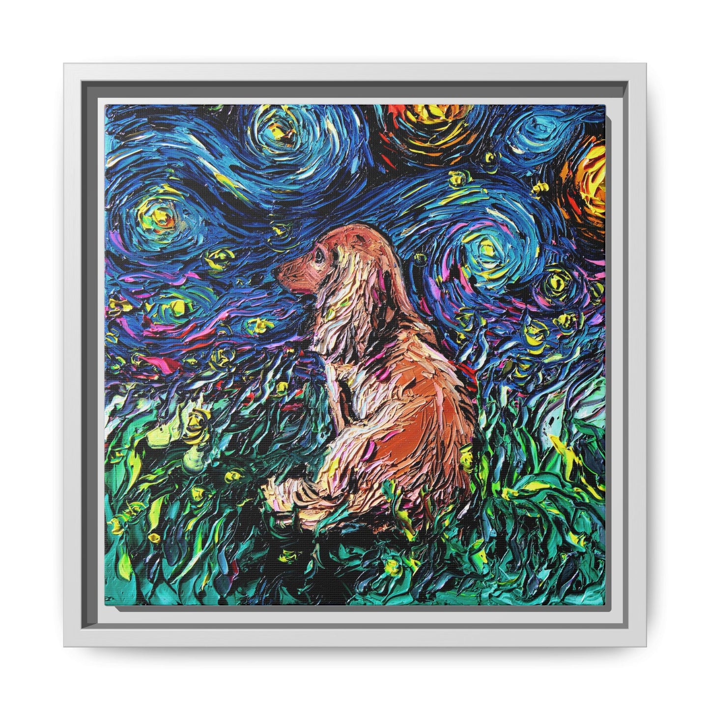 "Long Haired Brown Dachshund Night" Framed Canvas Wall Art