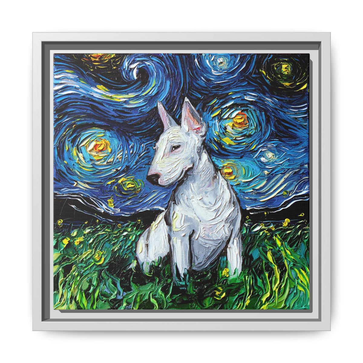 "Bull Terrier Night" Framed Canvas Wall Art