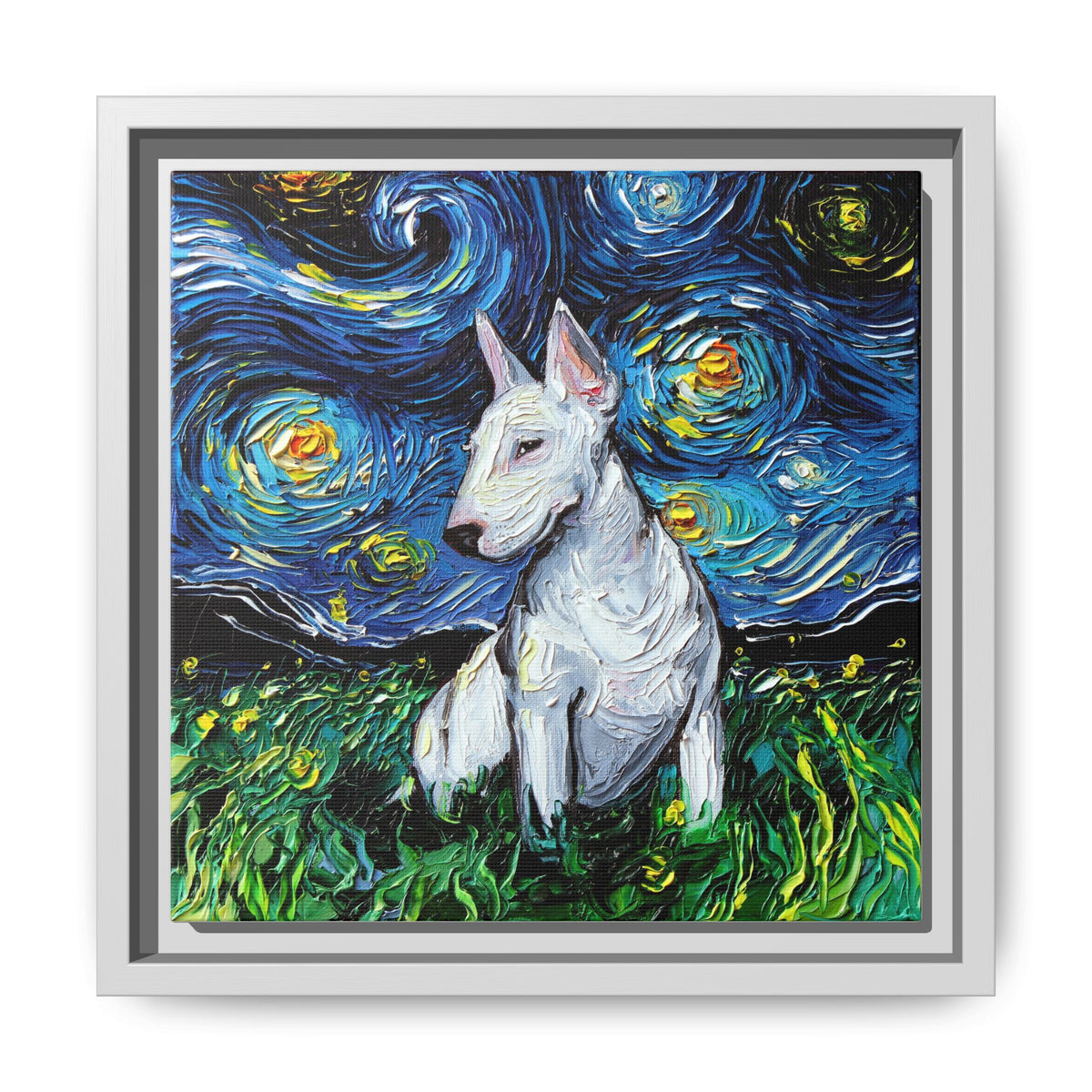 "Bull Terrier Night" Framed Canvas Wall Art