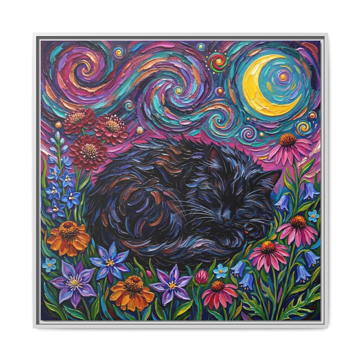 "Amongst The Flowers - Black Cat" Framed Canvas Wall Art