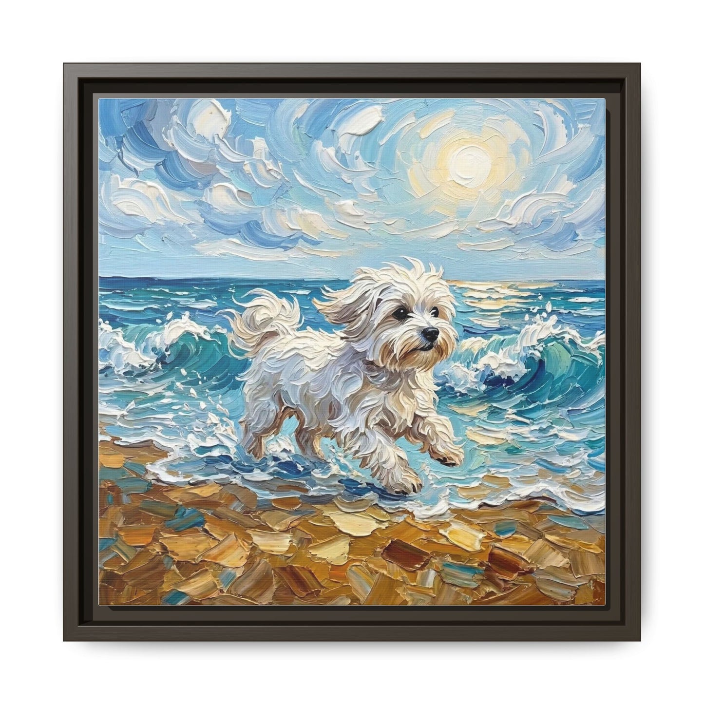 "Beach Day - Maltese" Framed Canvas Wall Art
