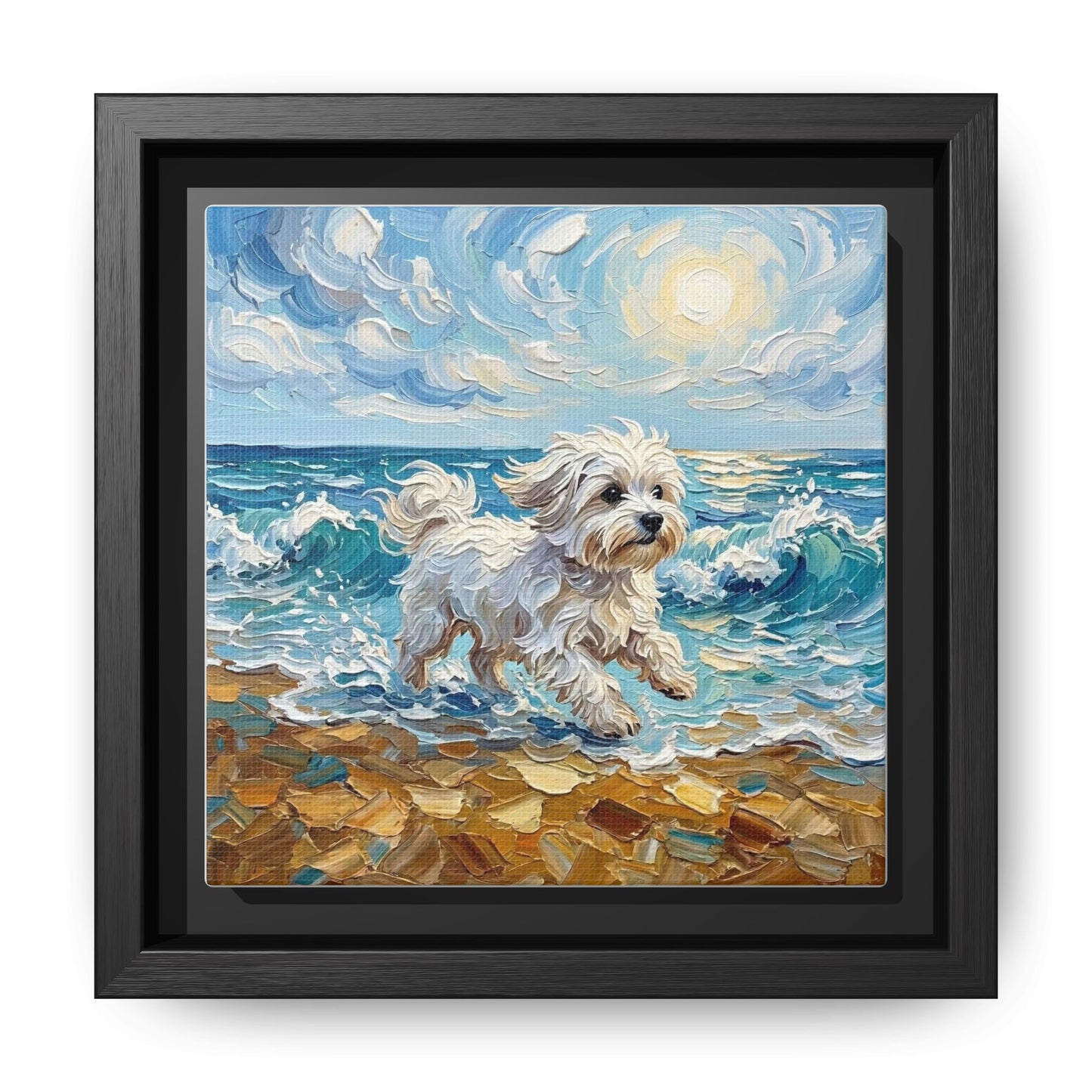 "Beach Day - Maltese" Framed Canvas Wall Art