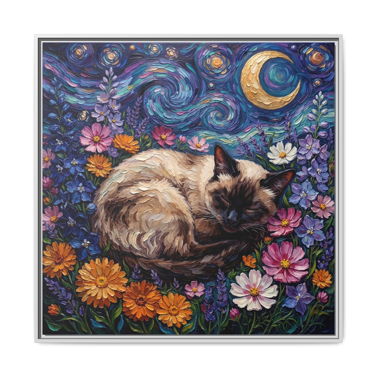 "Amongst The Flowers - Siamese Cat" Framed Canvas Wall Art