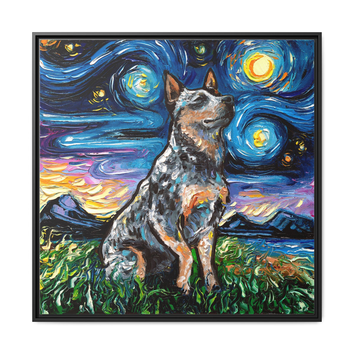 "Blue Heeler Night" Framed Canvas Wall Art