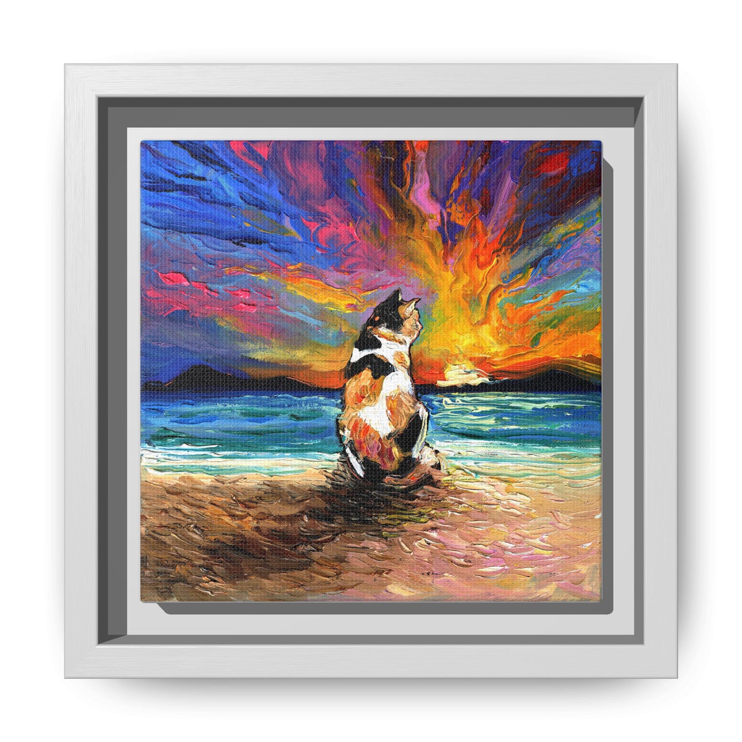 "Beach Day - Calico Cat" Framed Canvas Wall Art