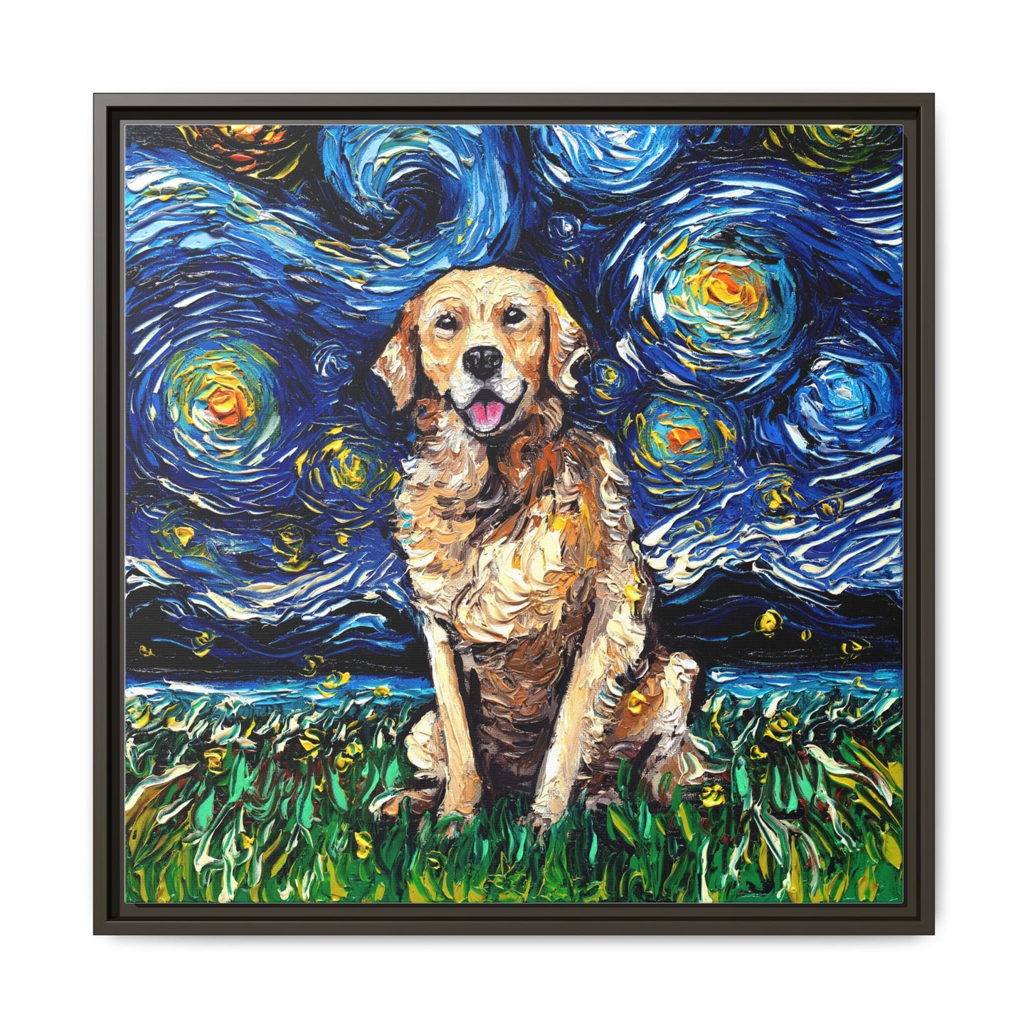 "Golden Retriever Night" Framed Canvas Wall Art