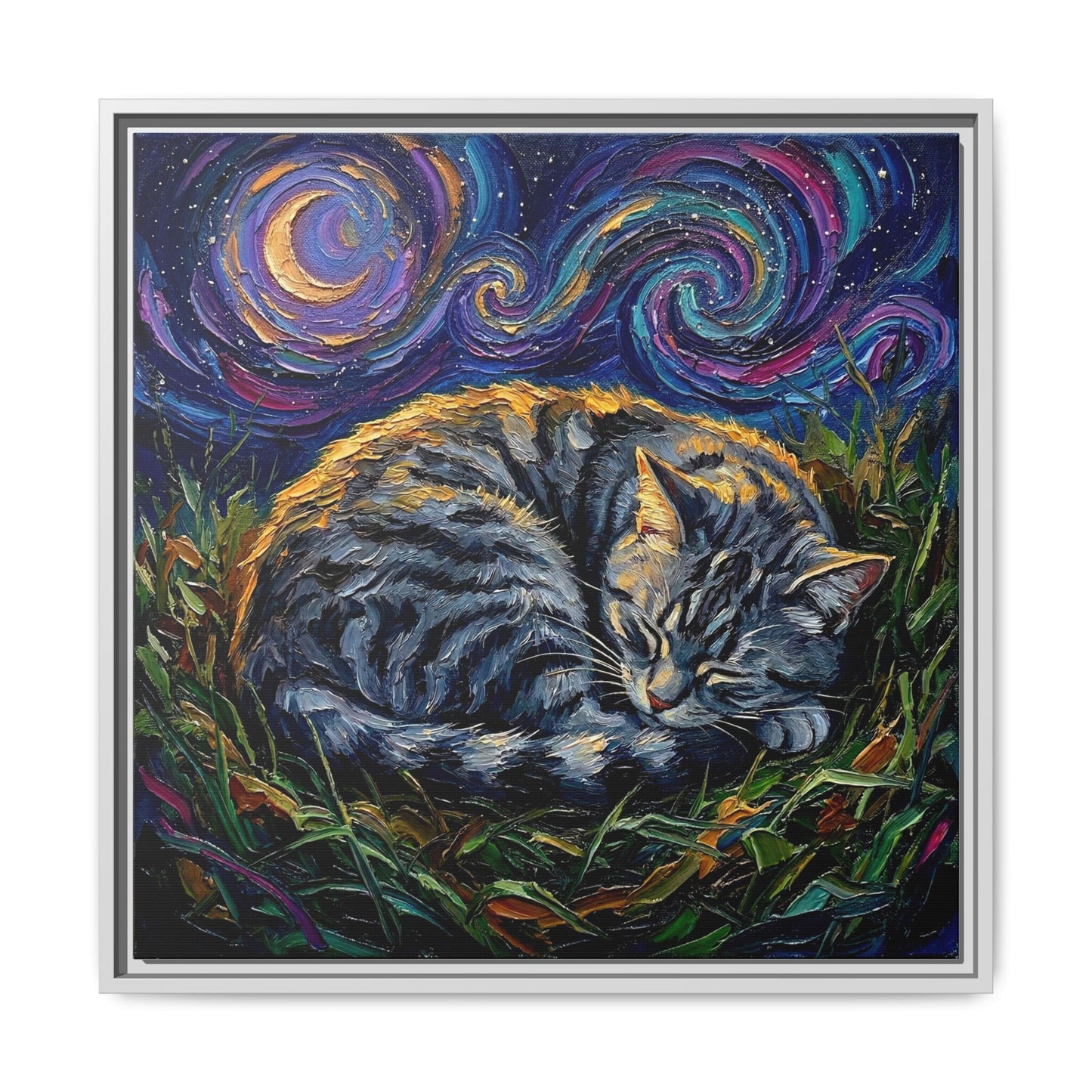 "Sleepy American Shorthair Tabby Night" Framed Canvas Wall Art