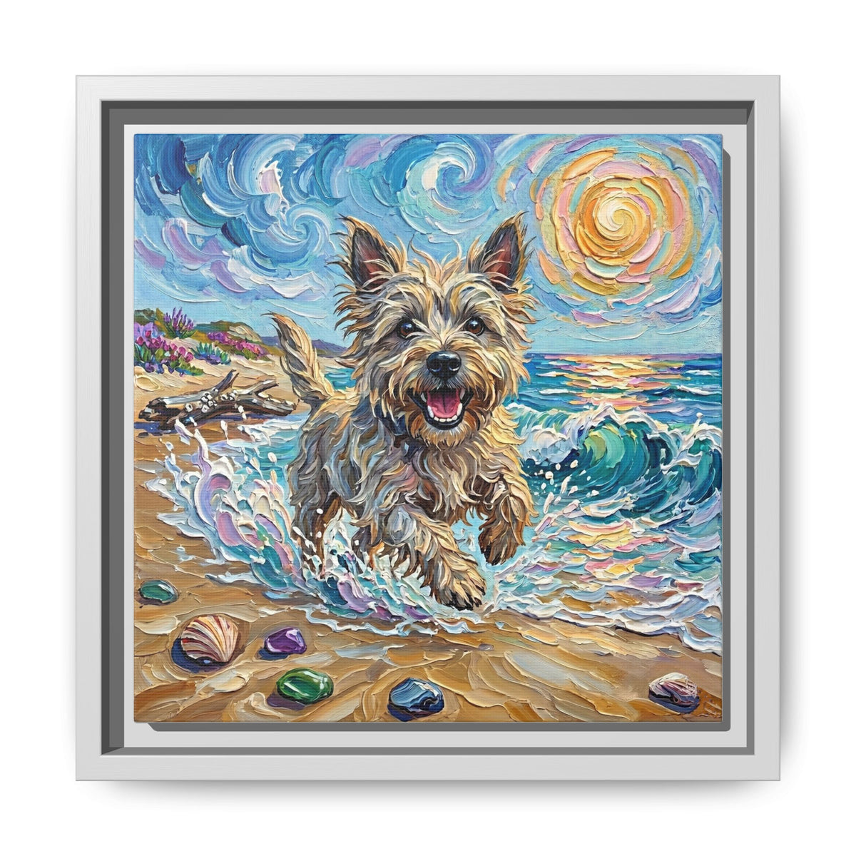 "Beach Days - Cairn Terrier" Framed Canvas Wall Art