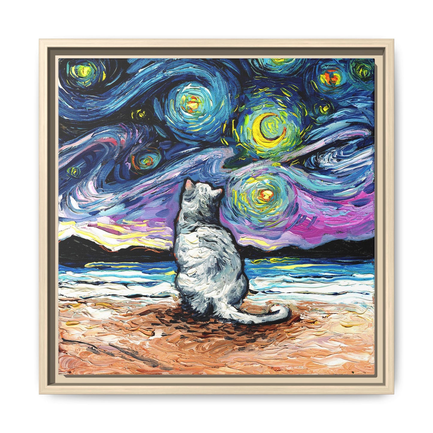 "White Cat Night 2" Framed Canvas Wall Art