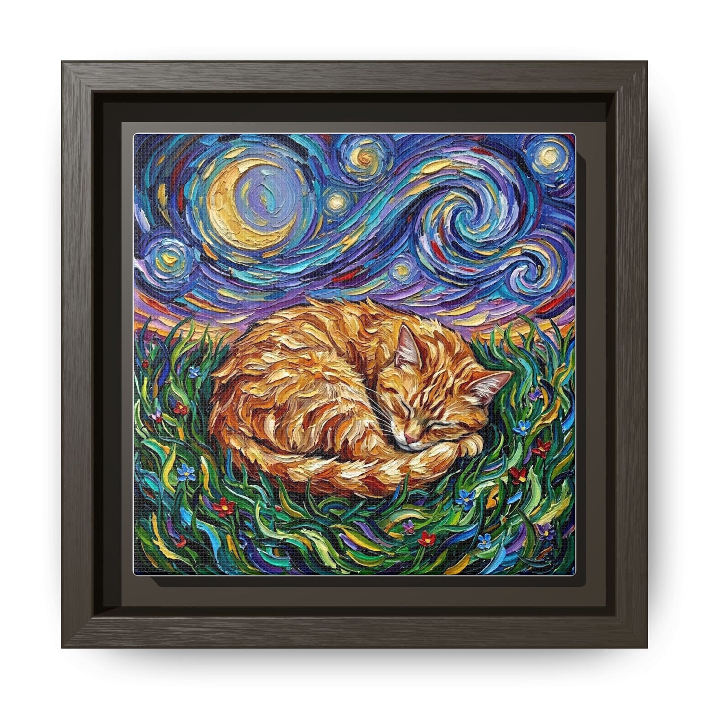 "Sleepy Orange Tabby Night" Framed Canvas Wall Art