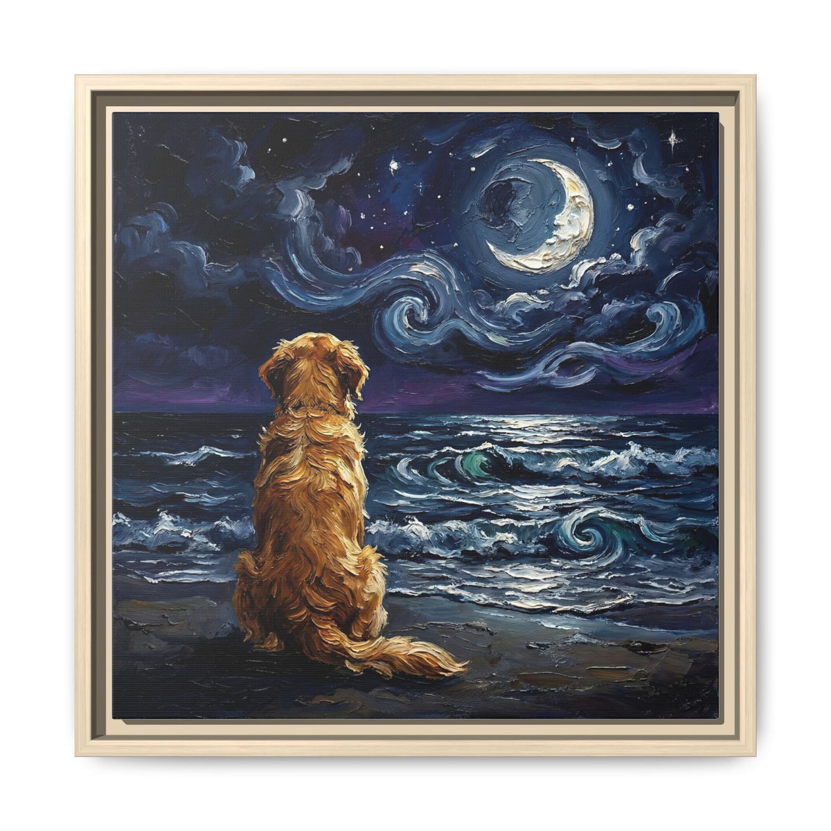 "Beach Night - Golden Retriever" Framed Canvas Wall Art