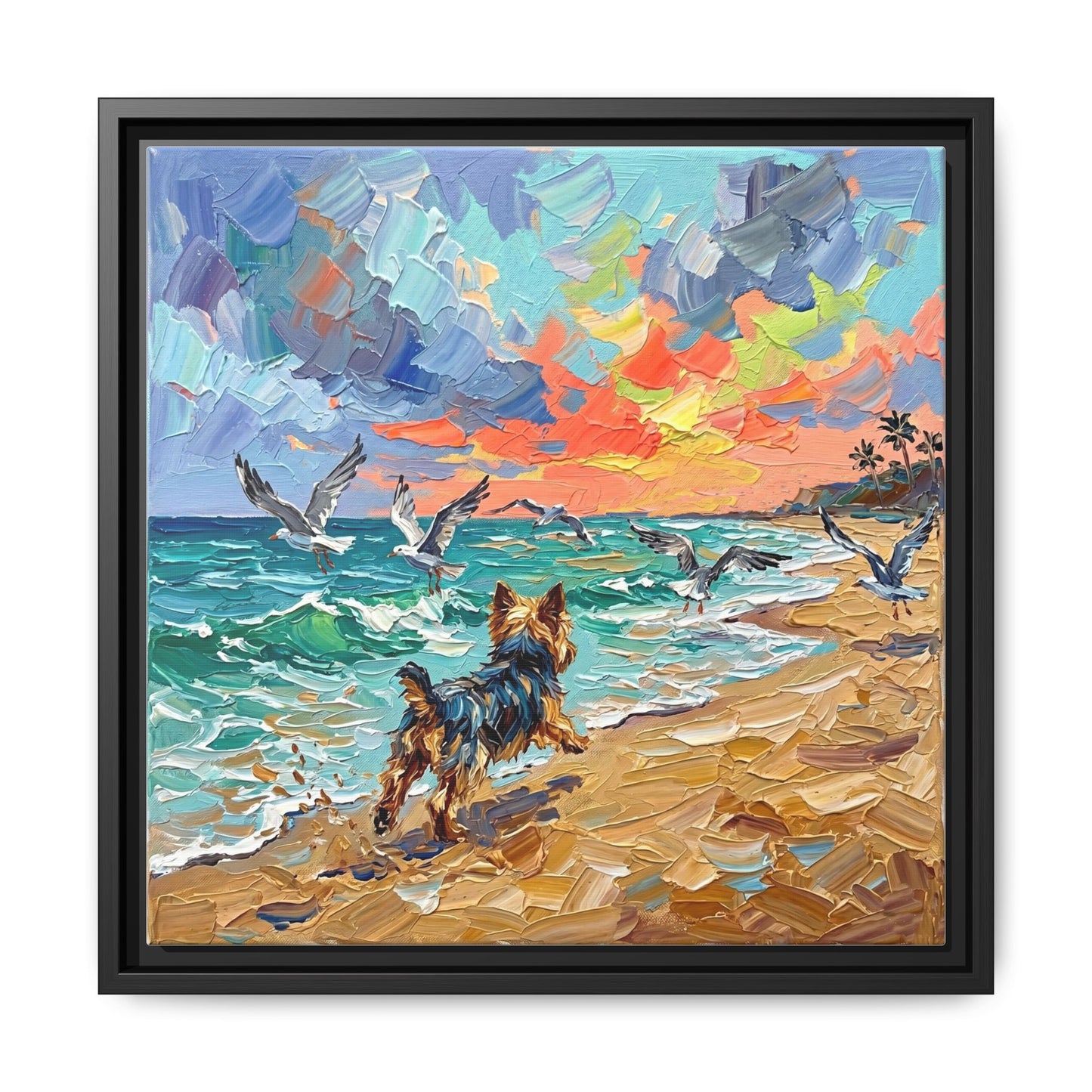 "Beach Day - Yorkie 2" Framed Canvas Wall Art
