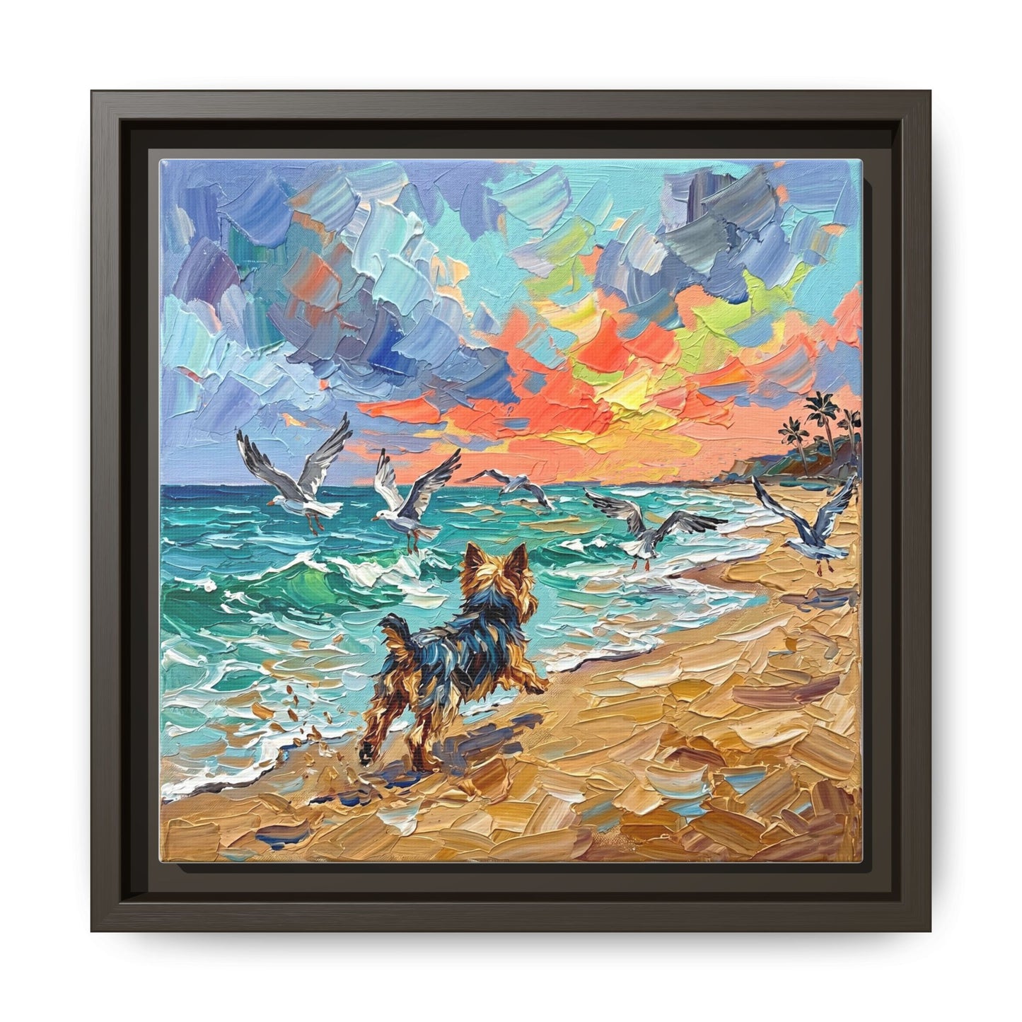 "Beach Day - Yorkie 2" Framed Canvas Wall Art
