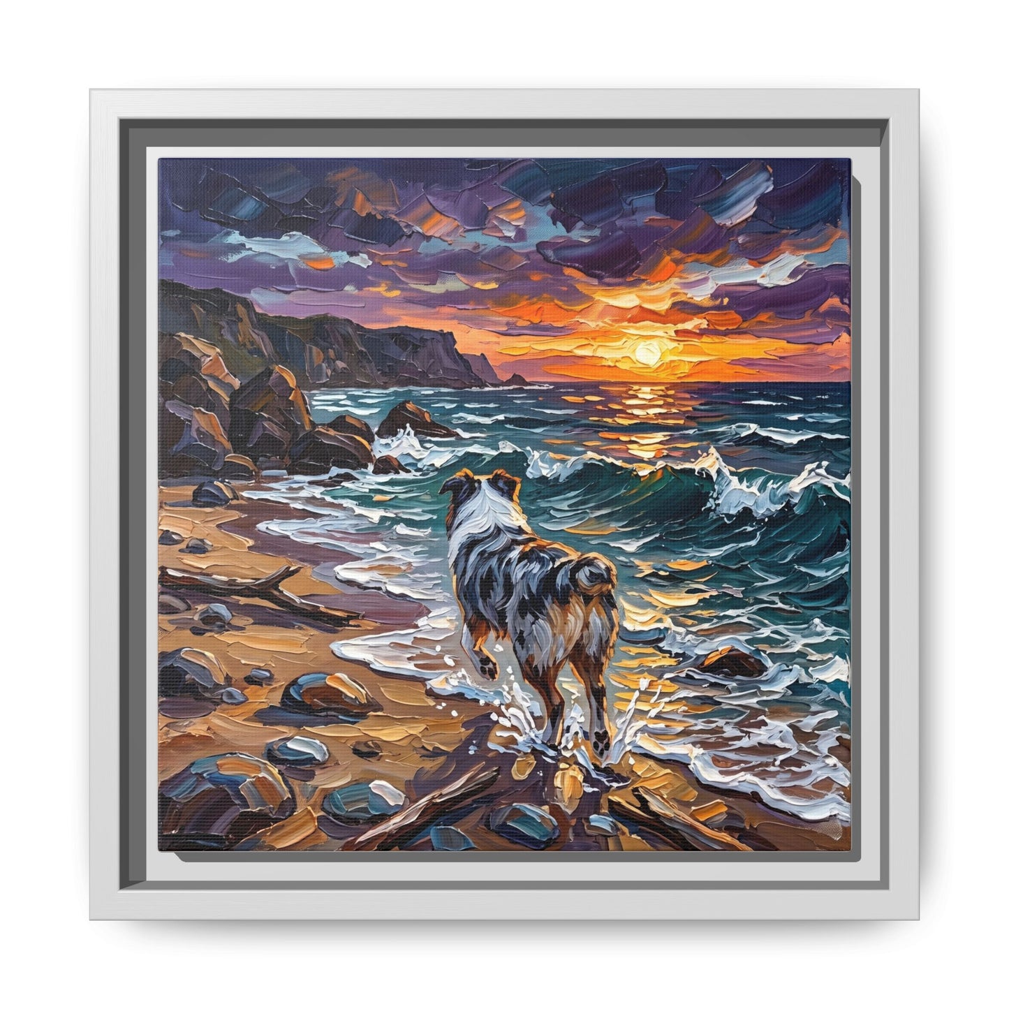 "Beach Day - Merle Aussie Shepherd" Framed Canvas Wall Art