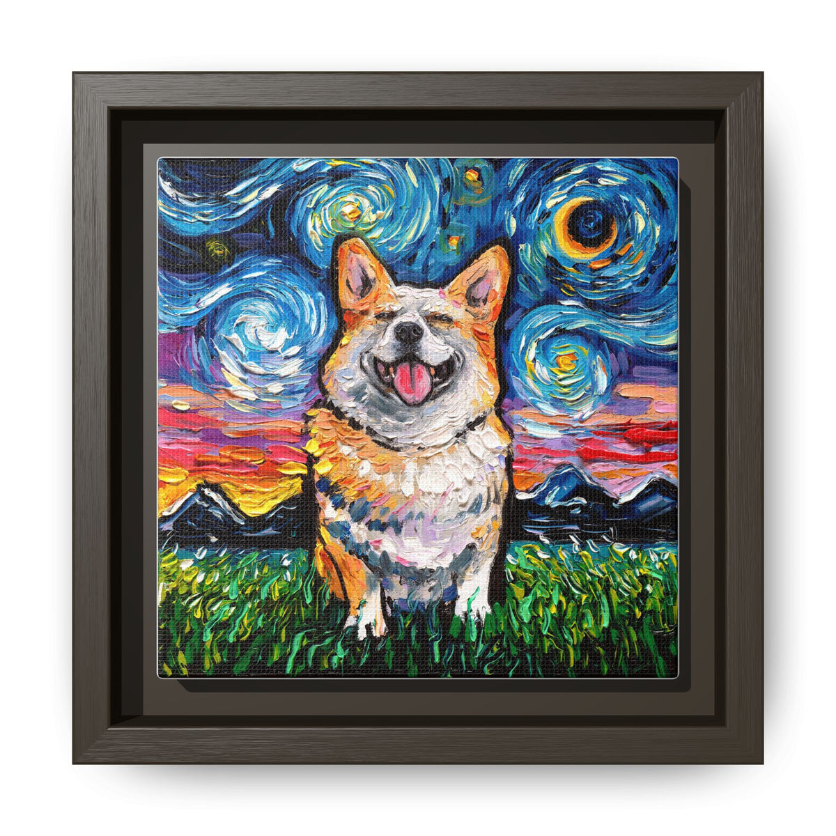 "Smiling Corgi Night" Framed Canvas Wall Art