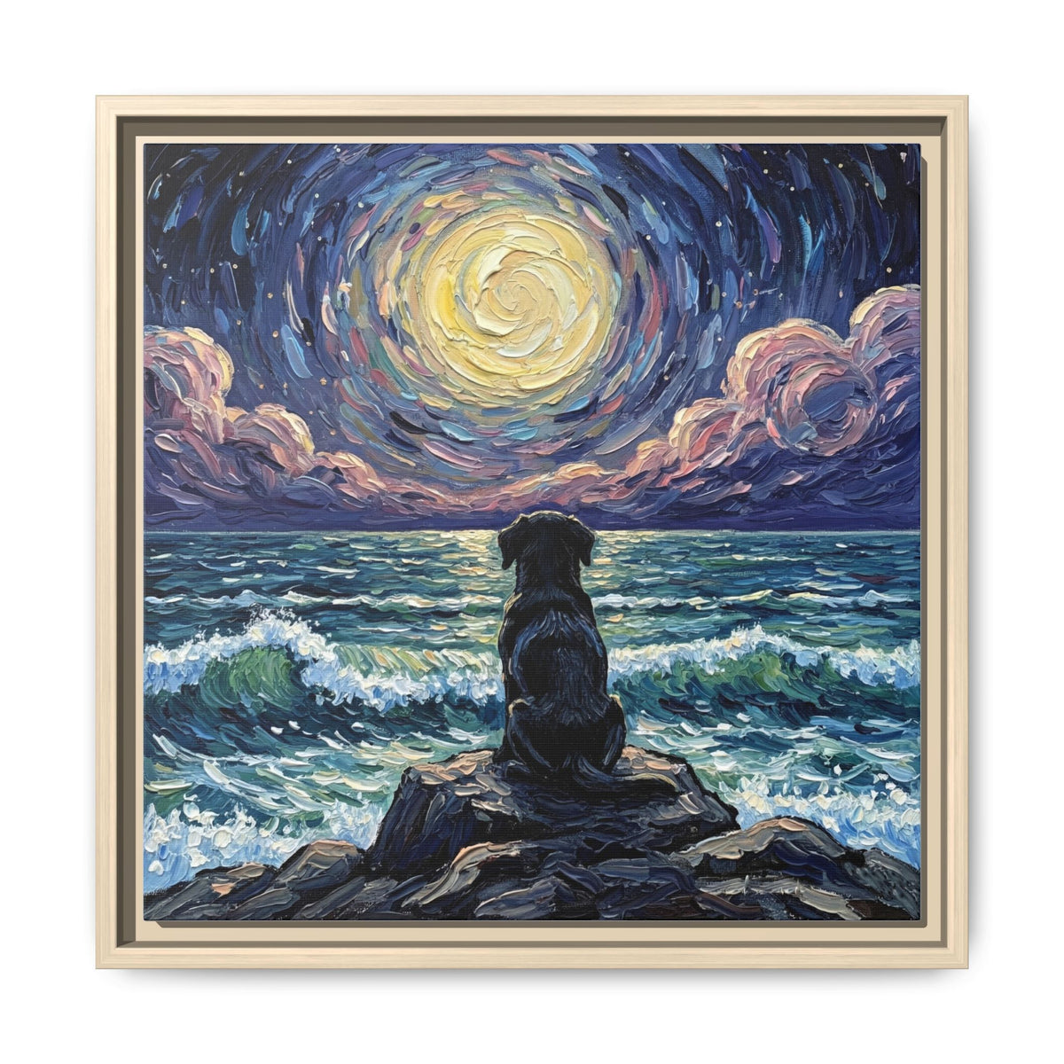 "Beach Night - Black Lab Puppy" Framed Canvas Wall Art