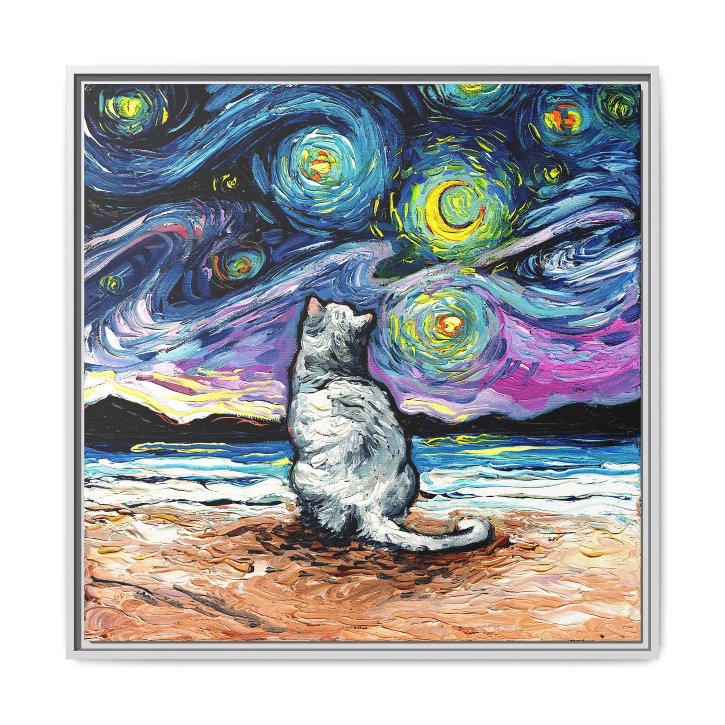 "White Cat Night 2" Framed Canvas Wall Art