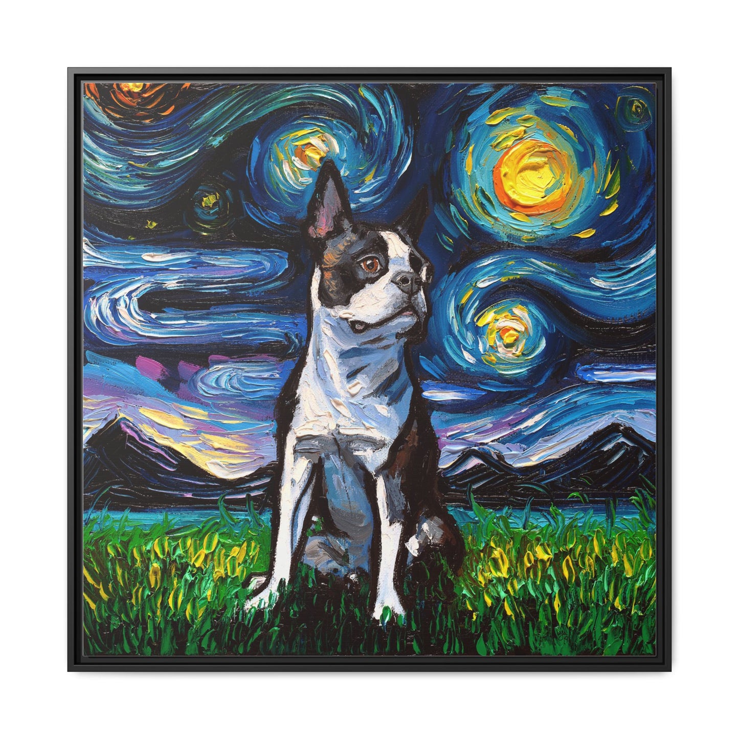 "Boston Terrier Night" Framed Canvas Wall Art