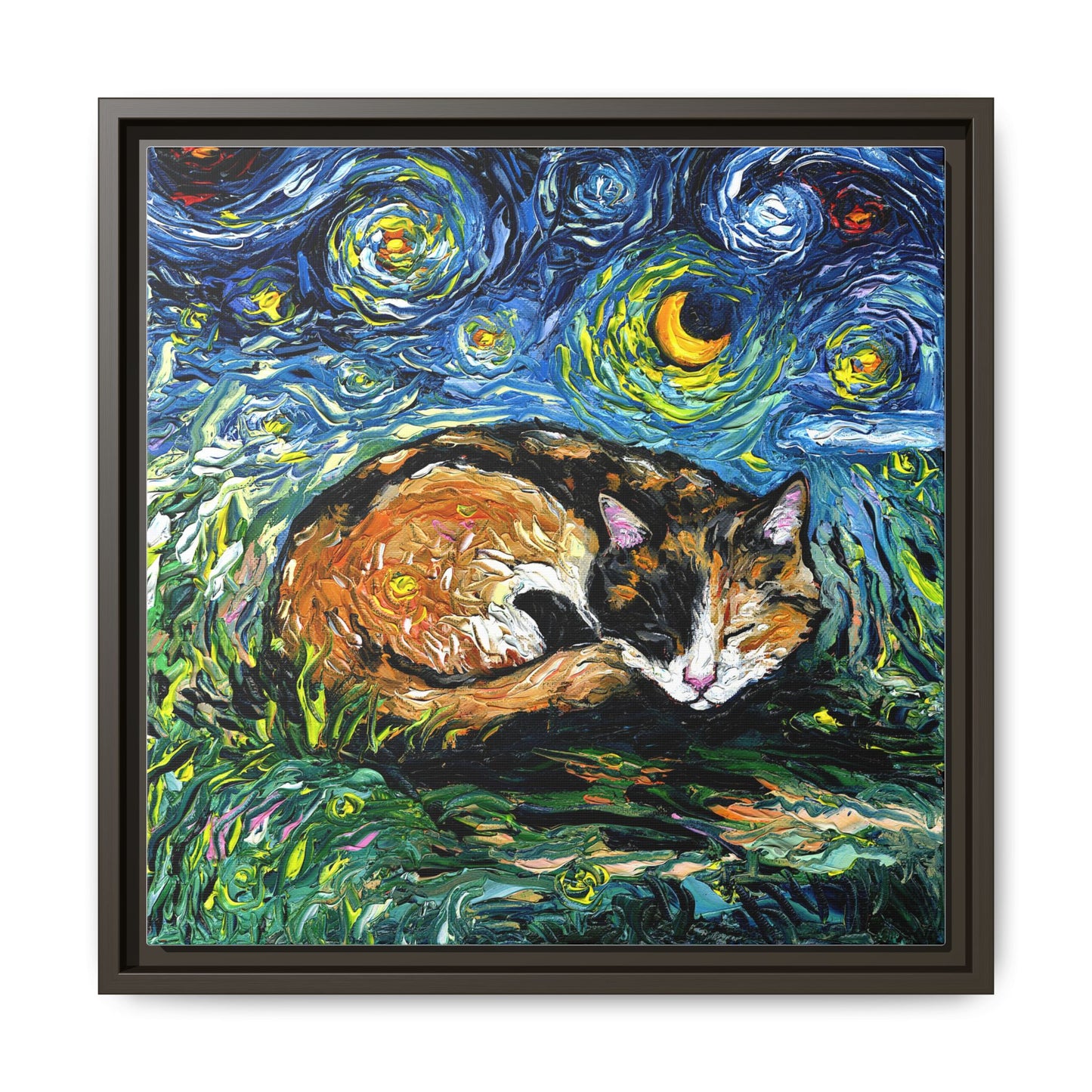 "Sleepy Calico Night" Framed Canvas Wall Art