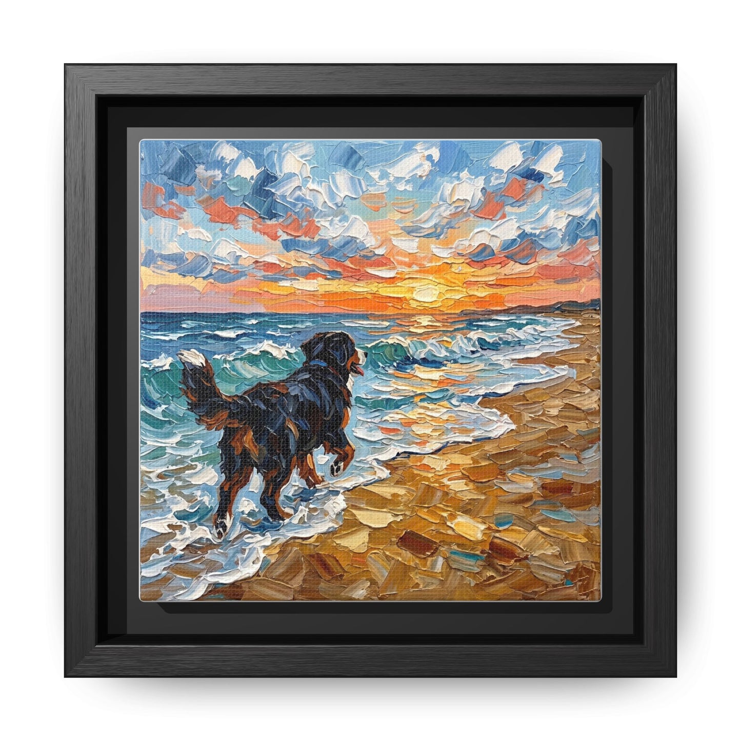 "Beach Day - Frolicking Bernese Mountain Dog" Framed Canvas Wall Art