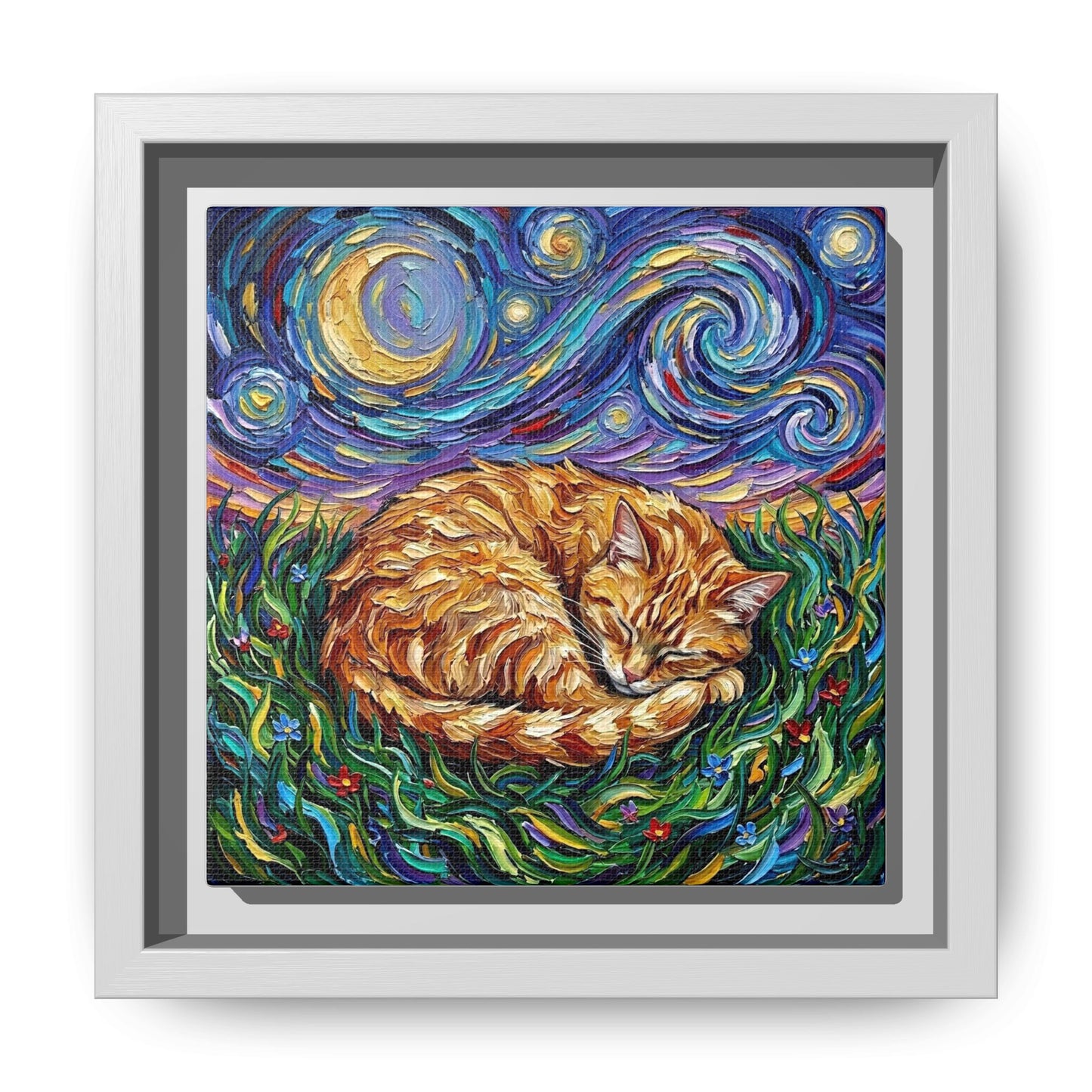 "Sleepy Orange Tabby Night" Framed Canvas Wall Art