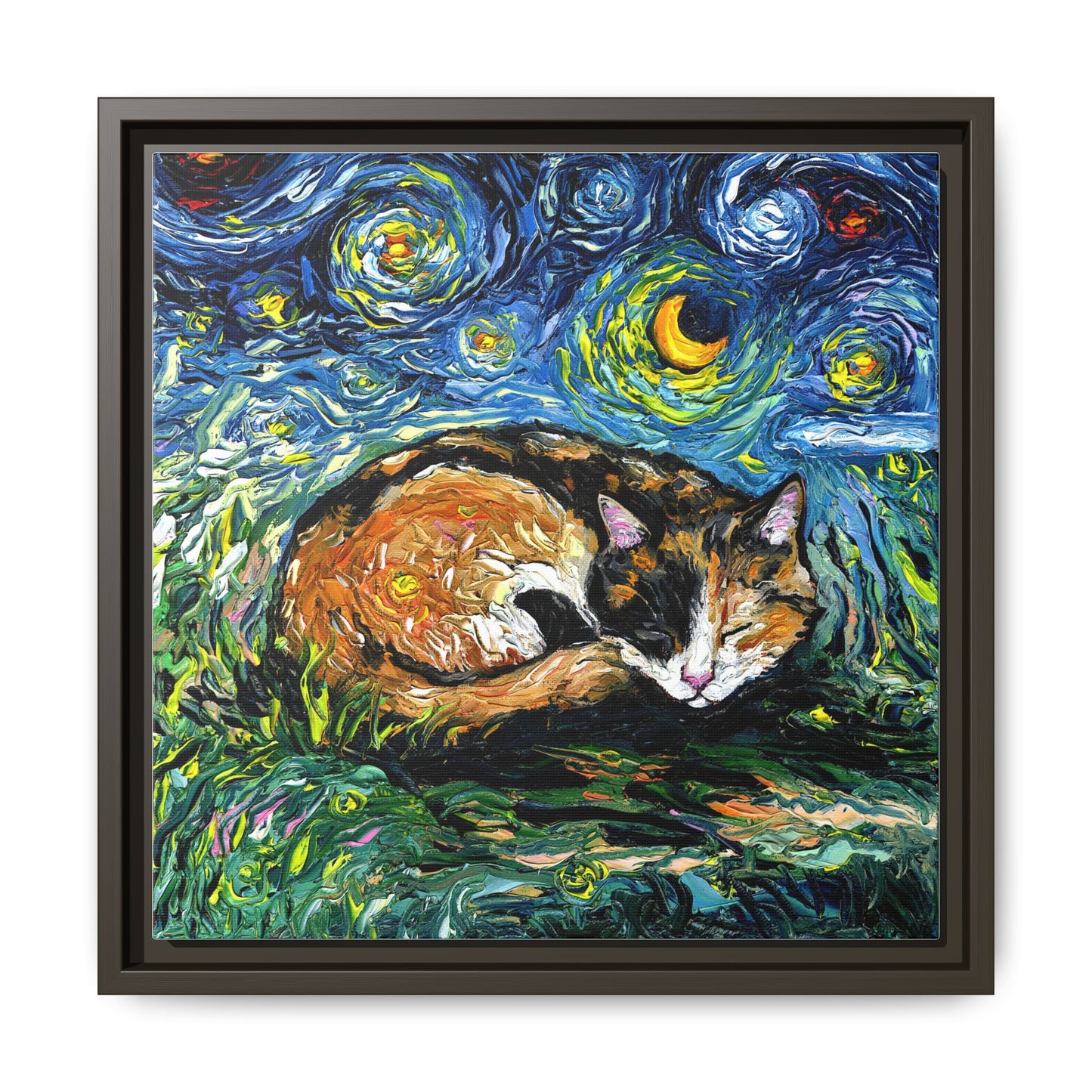 "Sleepy Calico Night" Framed Canvas Wall Art
