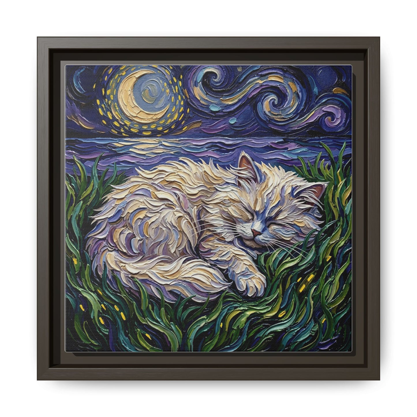 "Sleepy White Persian Night" Framed Canvas Wall Art